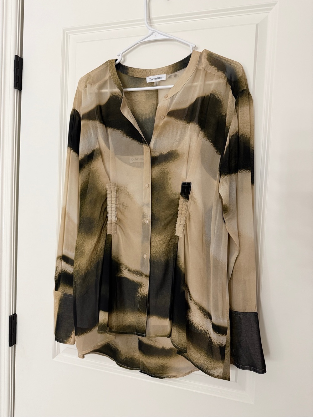 Calvin Klein Button Up Cinched Waist Sheer Blouse Beige Black Watercolor NWOT